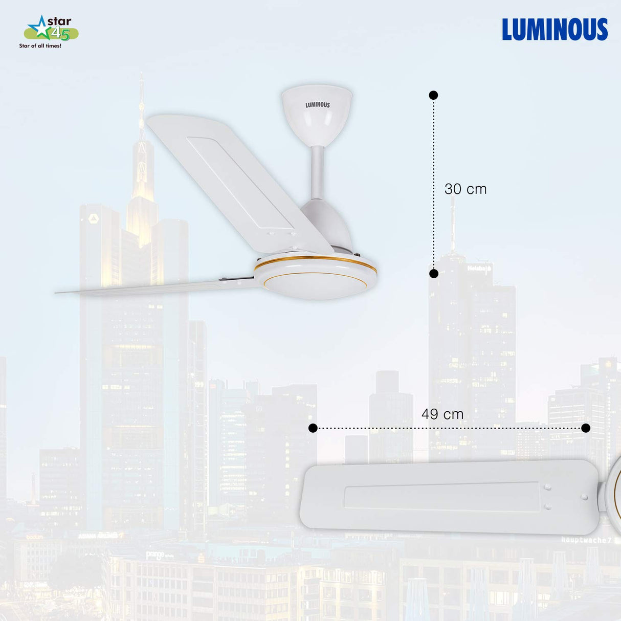 Luminous ceiling fan with dimensions indicated on a cityscape background