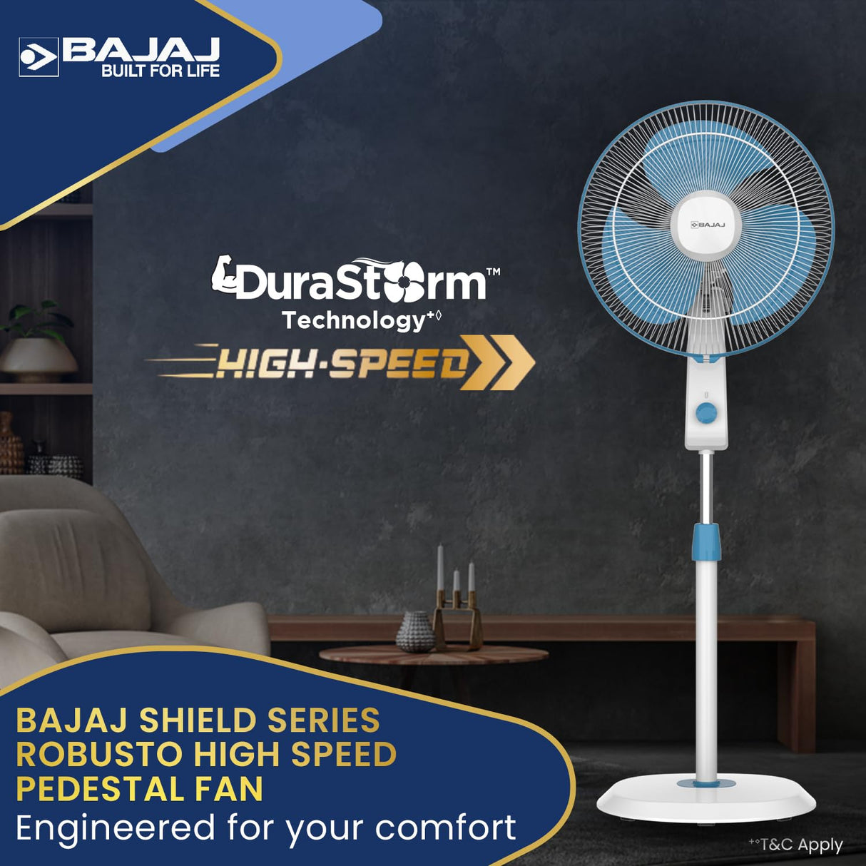 Bajaj Shield Series Robusto High Speed 400mm Pedestal Fan 【Blue & White】