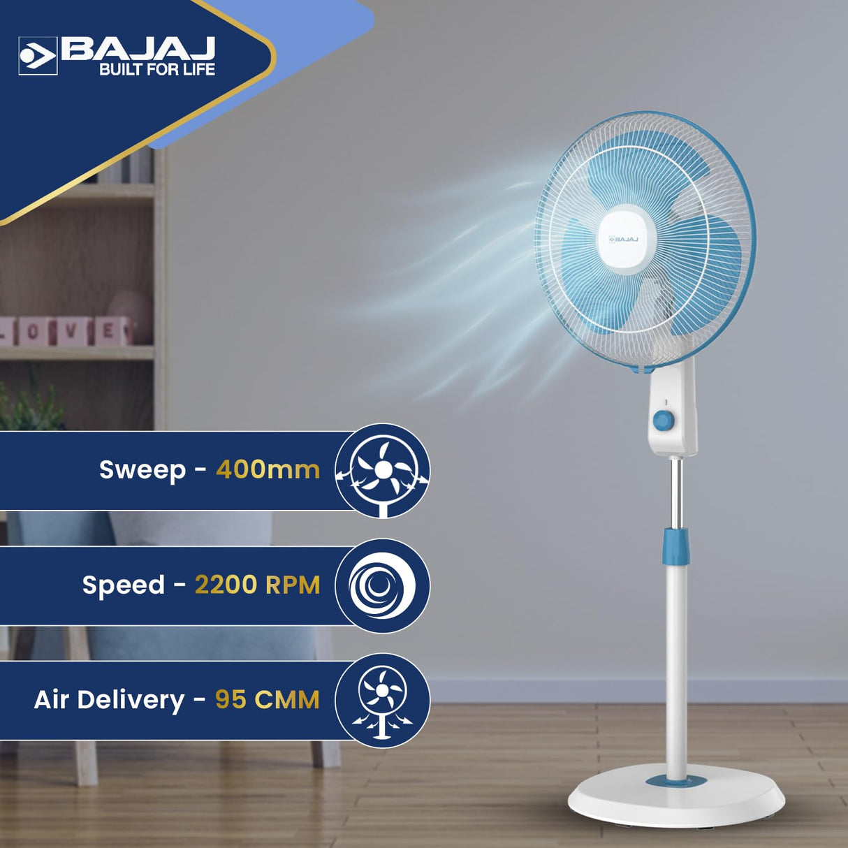 Bajaj Shield Series Robusto High Speed 400mm Pedestal Fan 【Blue & White】