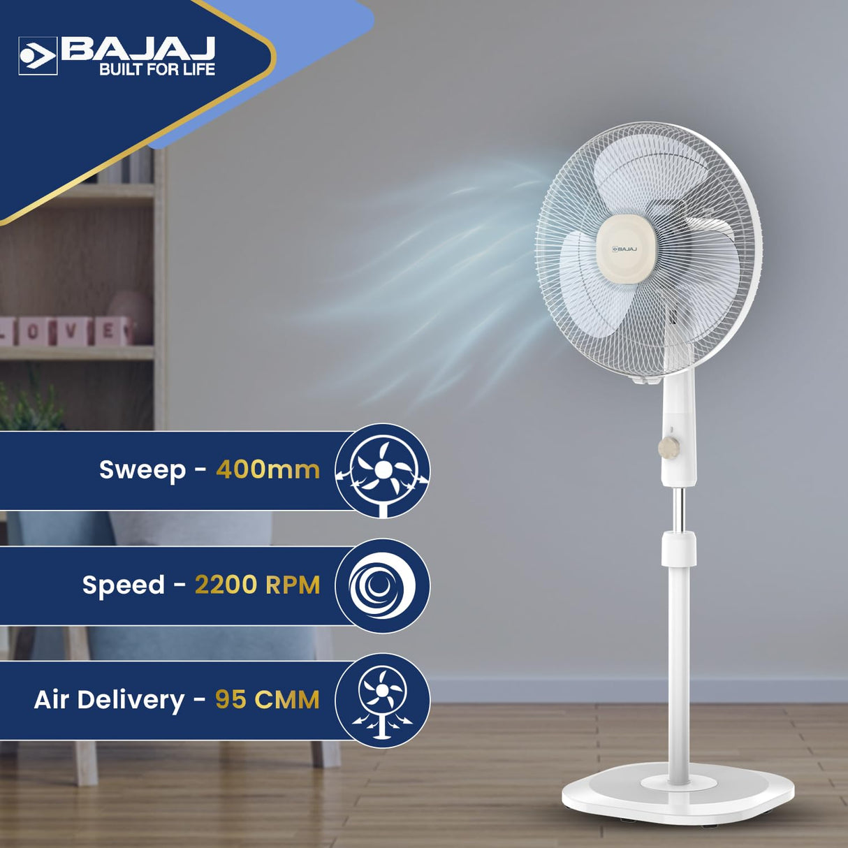 Bajaj Shield Series Robusto High Speed 400mm Pedestal Fan 【Beige & White】