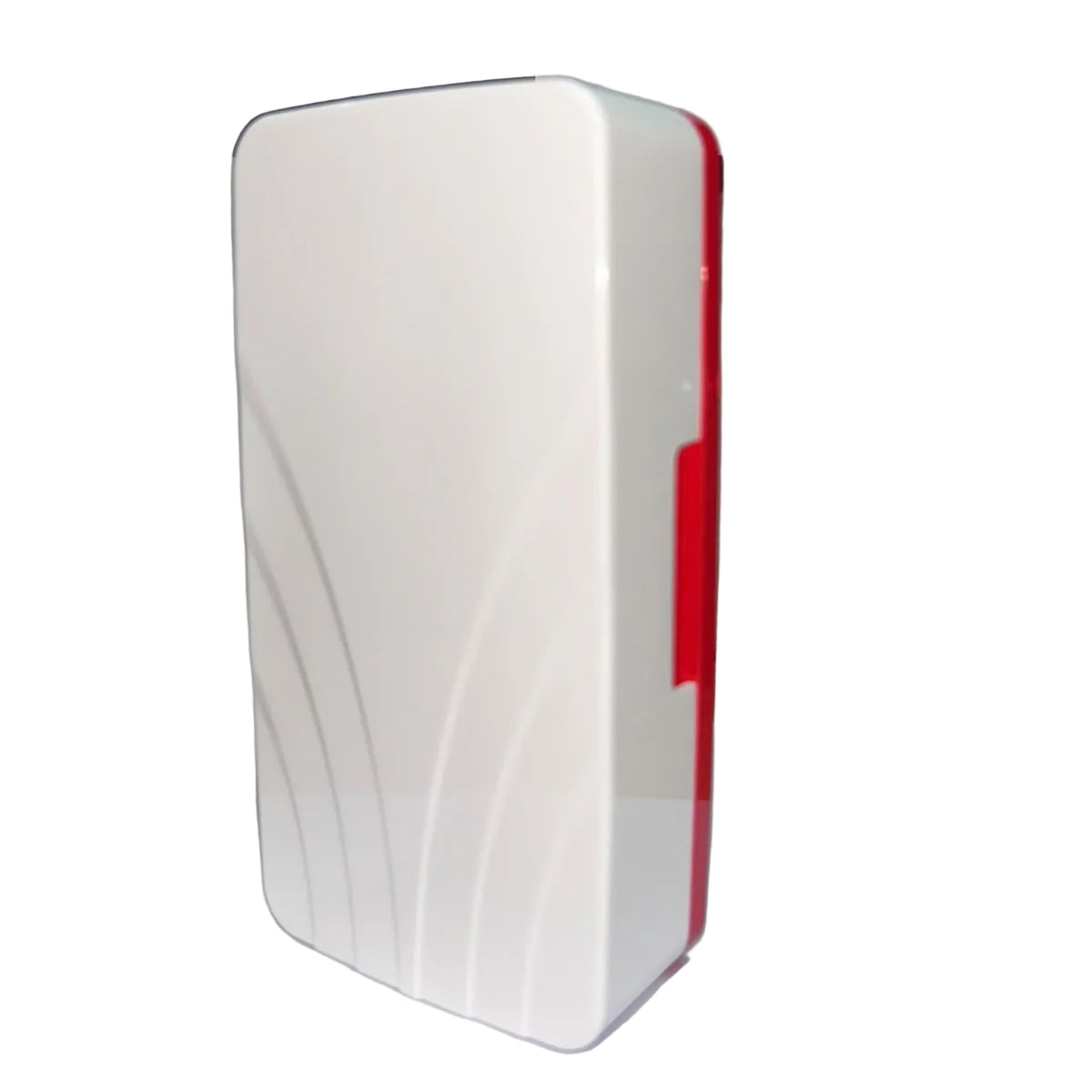 A white rectangular electronic door bell with a red side accent, standing upright on a white background.