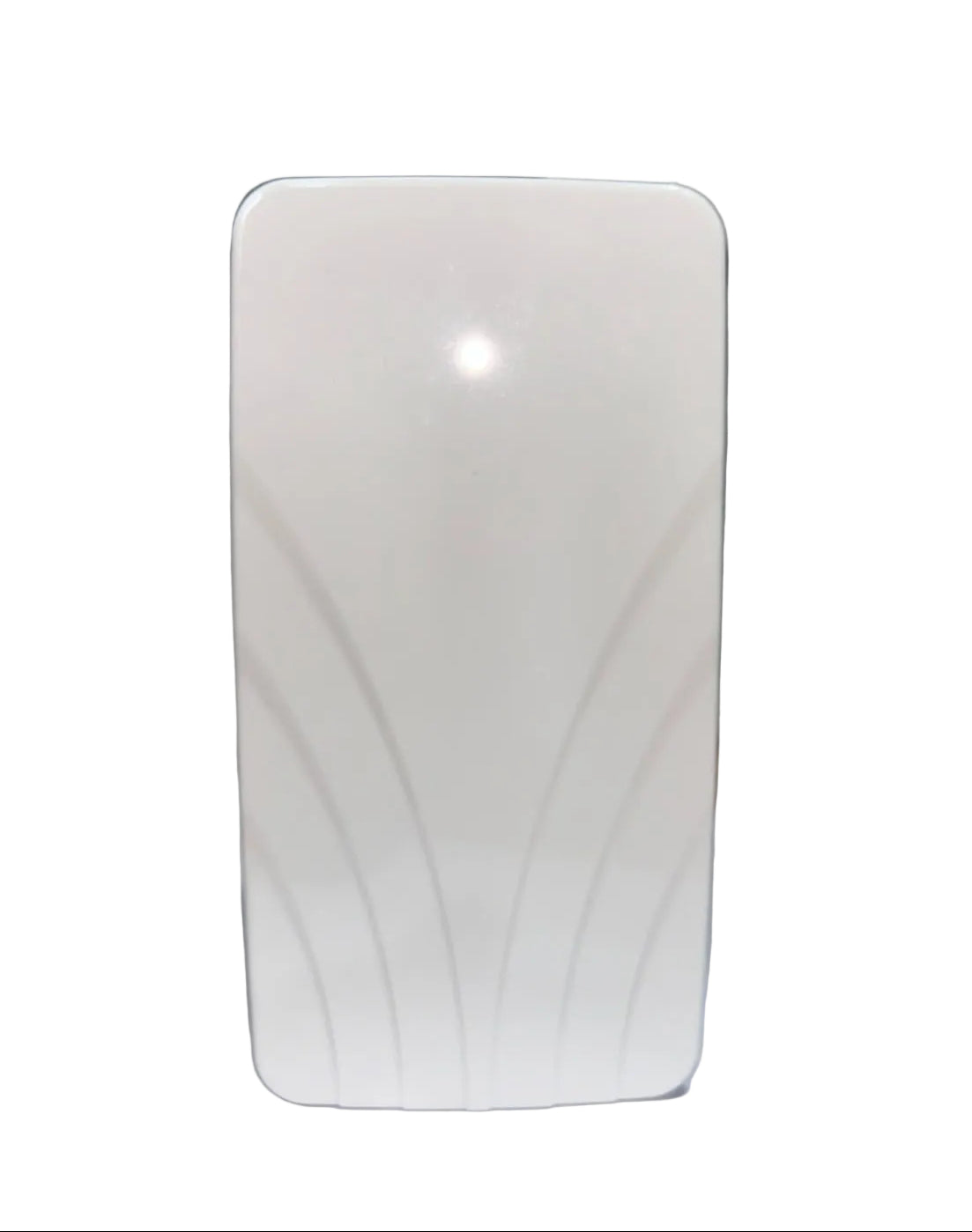 A white rectangular door bell with rounded corners and subtle curved line patterns on the front, standing on a white background.