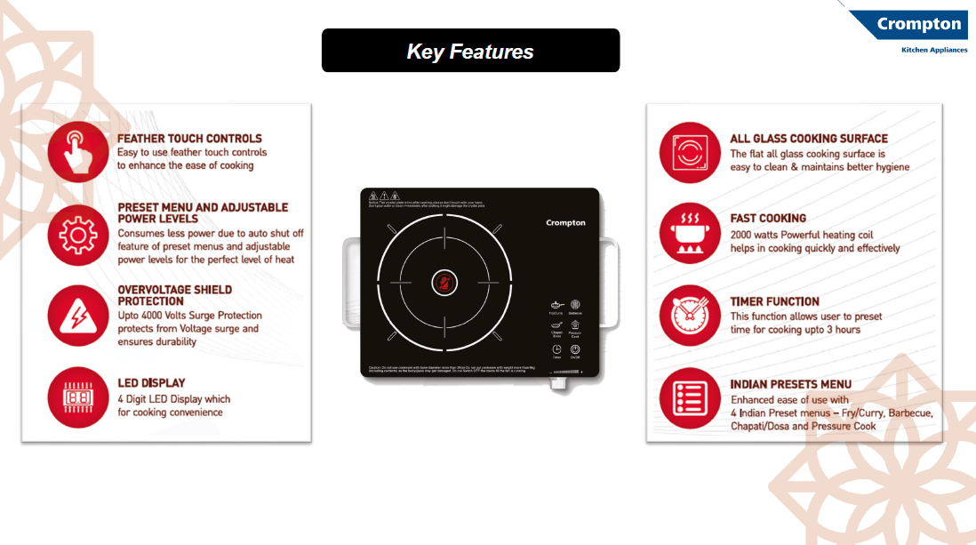 Crompton Infraserve Infrared Cooktop 2000-Watts for all type of utensil (Black)