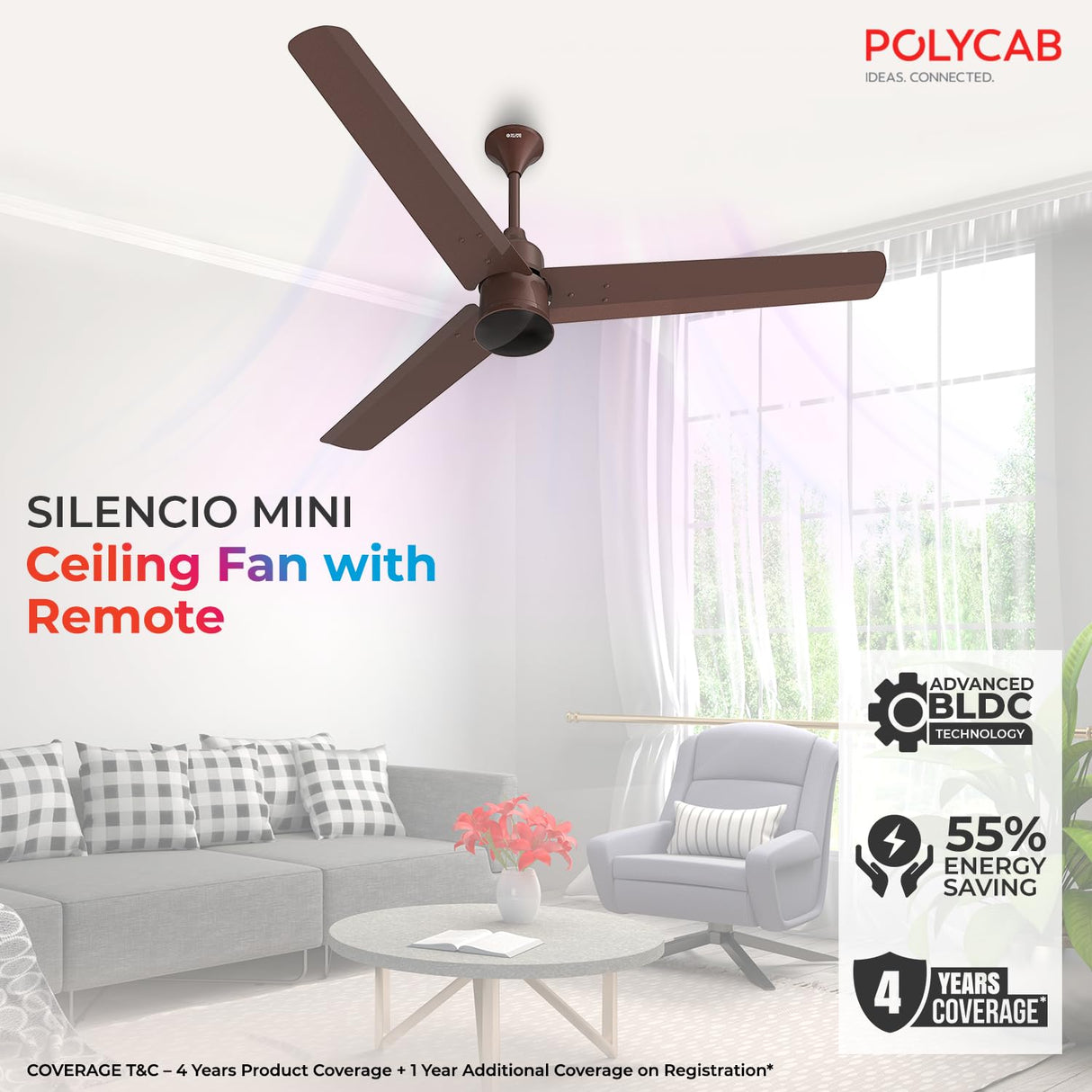 Polycab silencio mini ceiling fan 1200mm comes with remote operation with 4 years of warranty coverage .