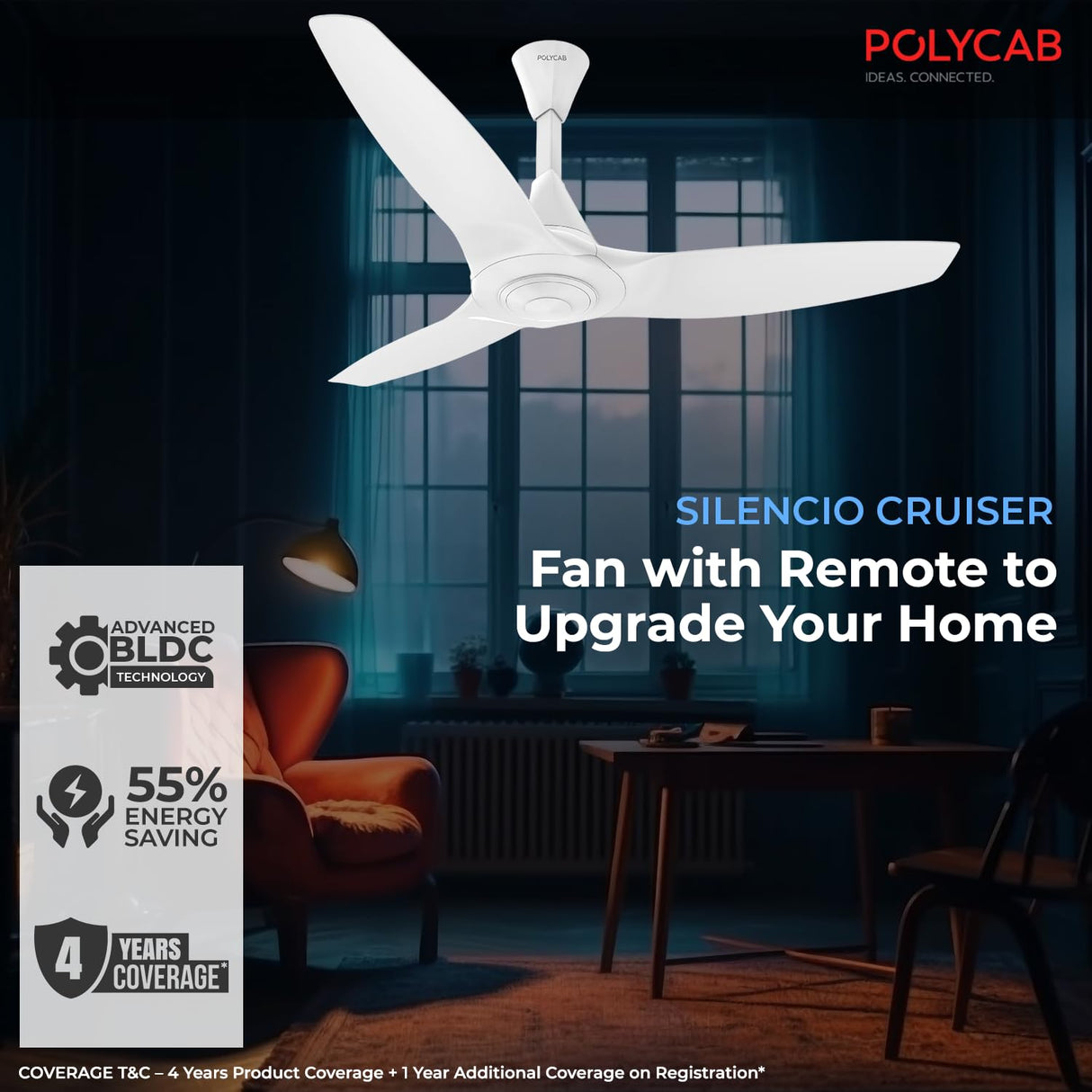 Polycab Silencio Cruiser 1200mm BLDC Premium Silent Ceiling Fan (White)
