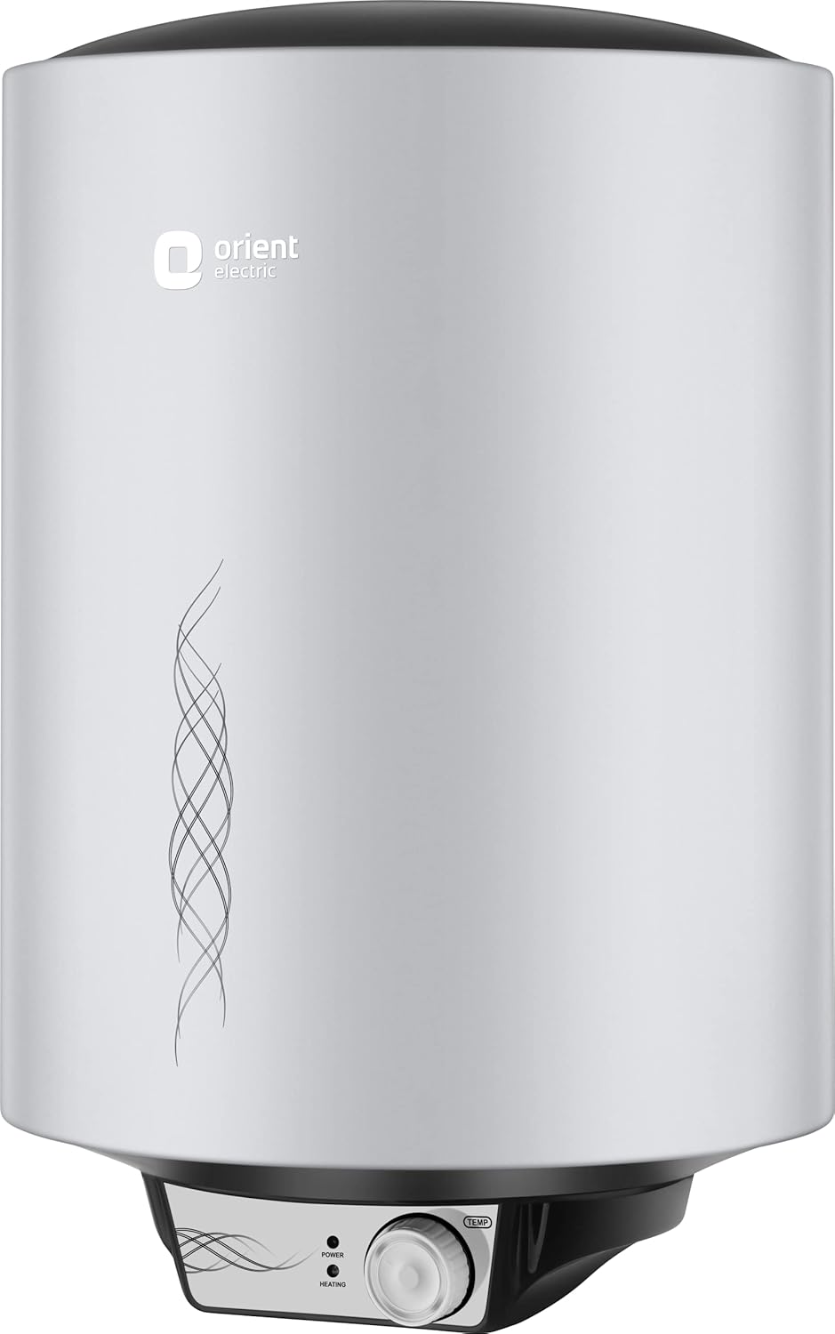 An Orient electric water heater with a sleek cylindrical design, featuring a brushed silver metallic body, a black top cap, and a black base housing a white control dial.