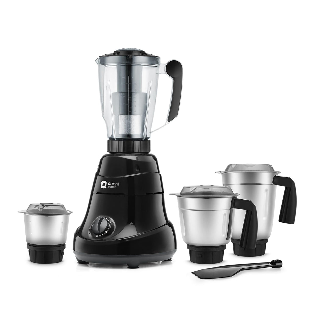 Black blender with multiple jars on a white background