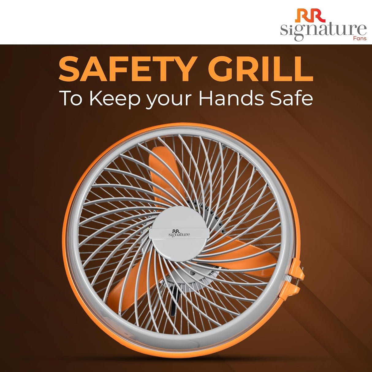 Safety grill for fans with RR Signature branding on a brown background