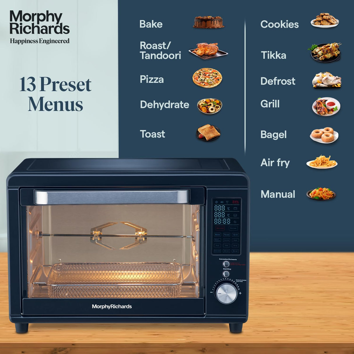 Morphy Richards 29RCAD 29 Litre Digital Oven Toaster Grill (OTG) with In-Built Air Fryer & Dehydrator, Rotisserie, Convection (Deep Blue)