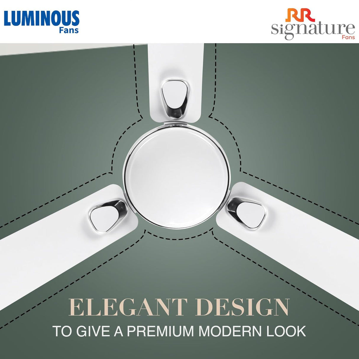 Ceiling fan with Luminous and RR Signature branding on a green background