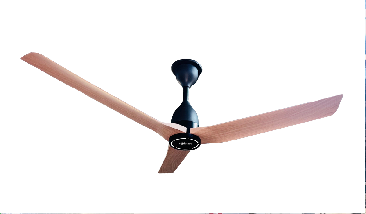 A three-blade ceiling fan with light brown wooden blades and a black central motor housing, shown against a plain white background.