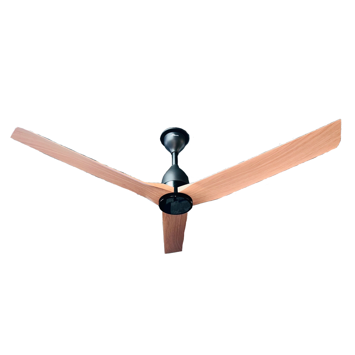 A three-blade ceiling fan with light brown wood-grain blades and a matte black central motor housing, shown against a plain white background.