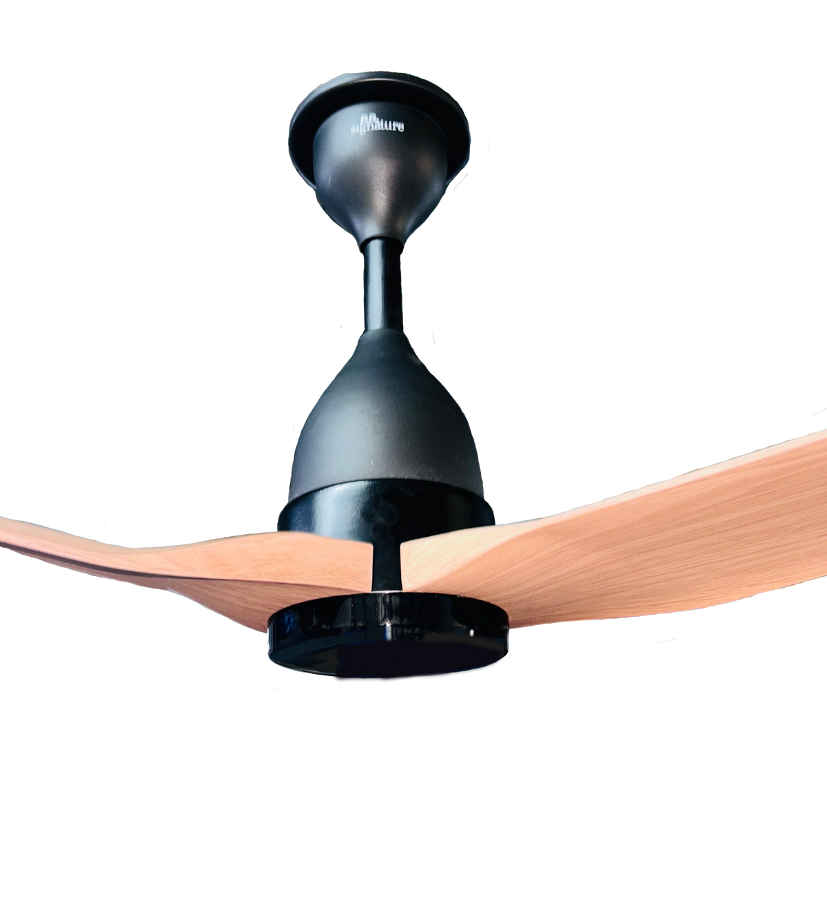 A modern ceiling fan with matte black metal housing and light wood blades, shown against a plain white background.