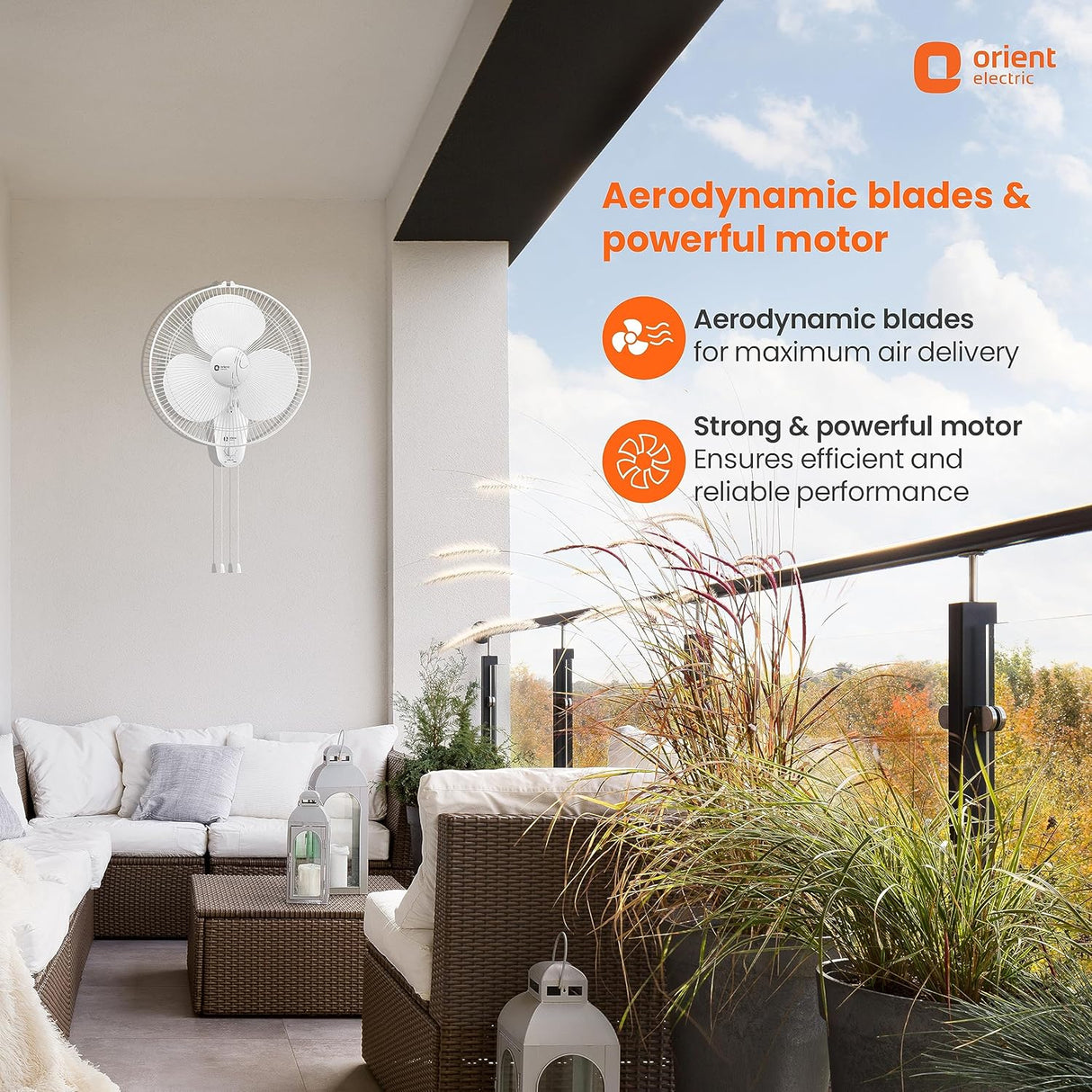 Wall-mounted fan in a modern outdoor living space with promotional text about aerodynamic blades and powerful motor.