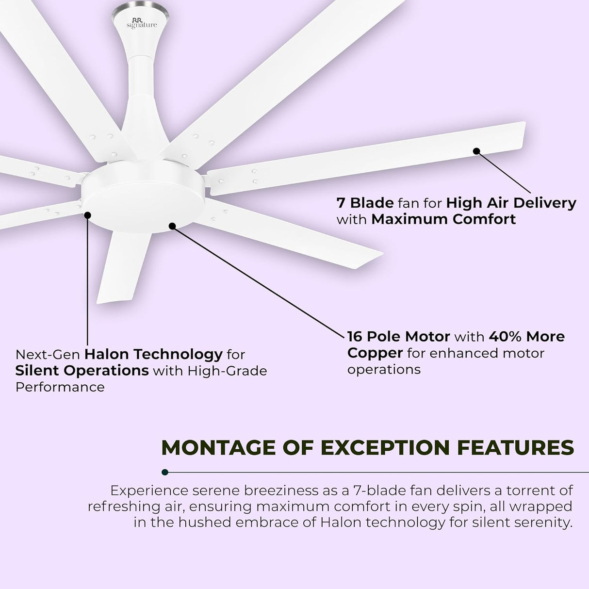 This fan has 7 Blades with maximum comfort and 16 pole motor with 40% More Copper to enhance motor operation with high grade performance.