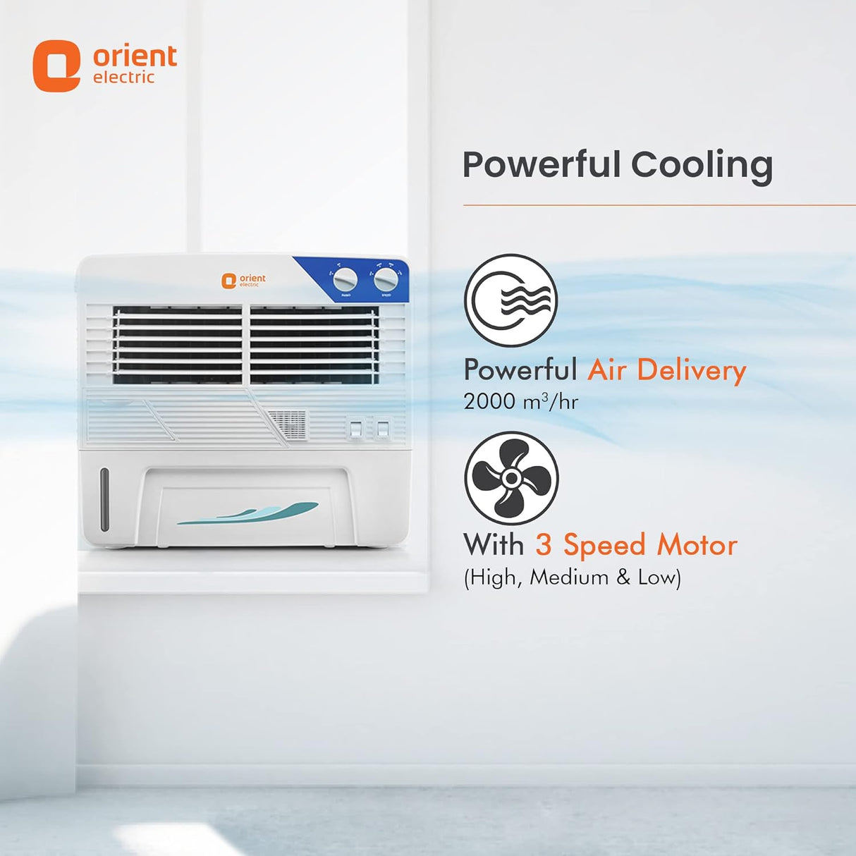 Orient Electric air conditioner with features highlighted on a white background