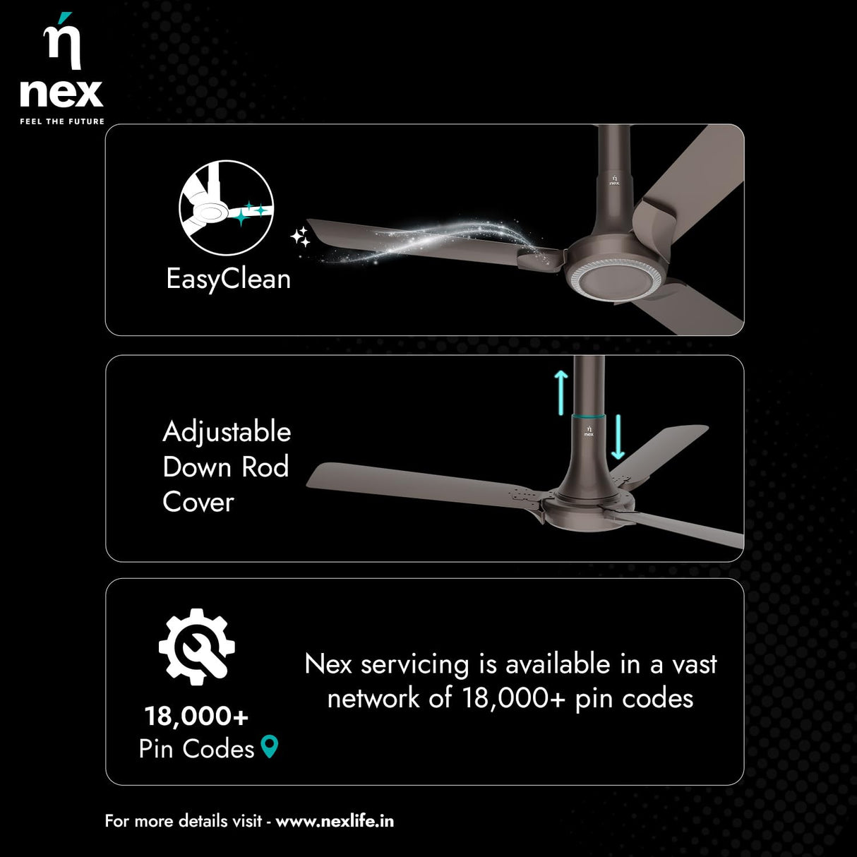 Ceiling fan with features highlighted on a black background, including 'EasyClean', 'Adjustable Down Rod Cover', and 'Nex' branding.