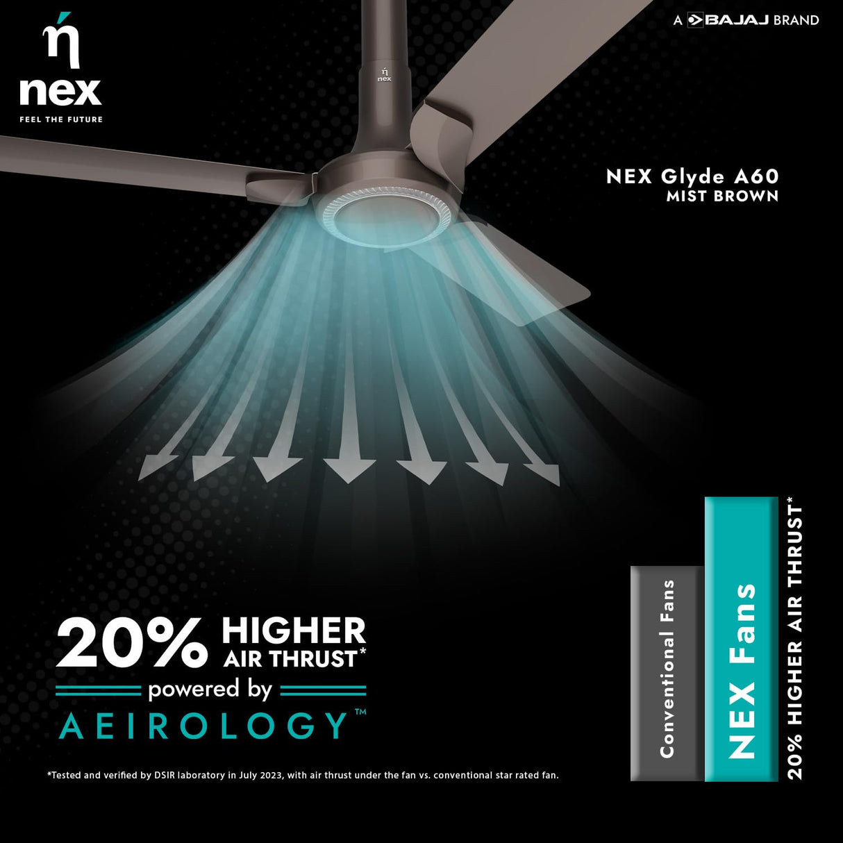Nex ceiling fan with air thrust illustration and branding on a black background