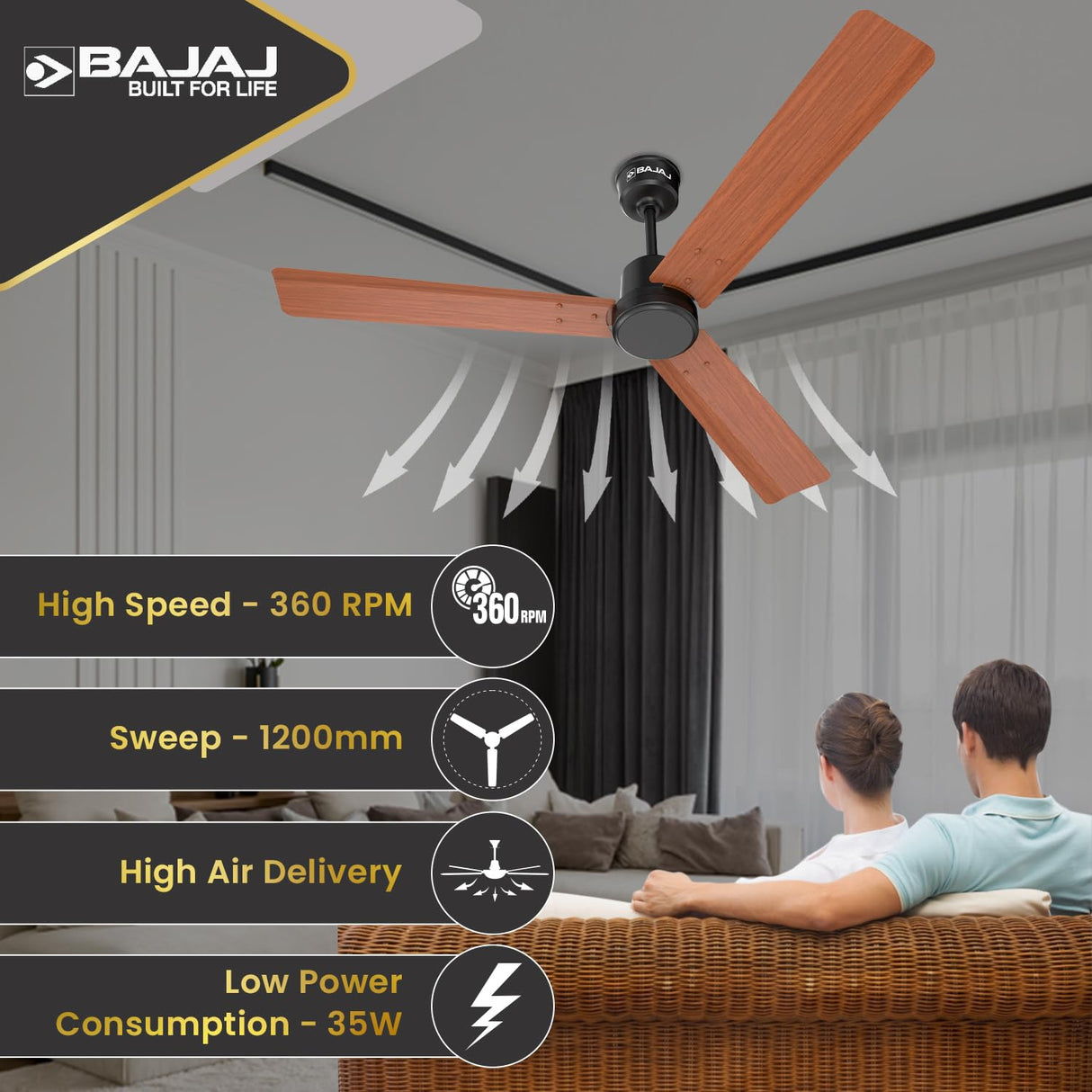 Bajaj Classico Sleek Wood 1200mm BLDC Ceiling Fans with Remote 【Maple Wood】