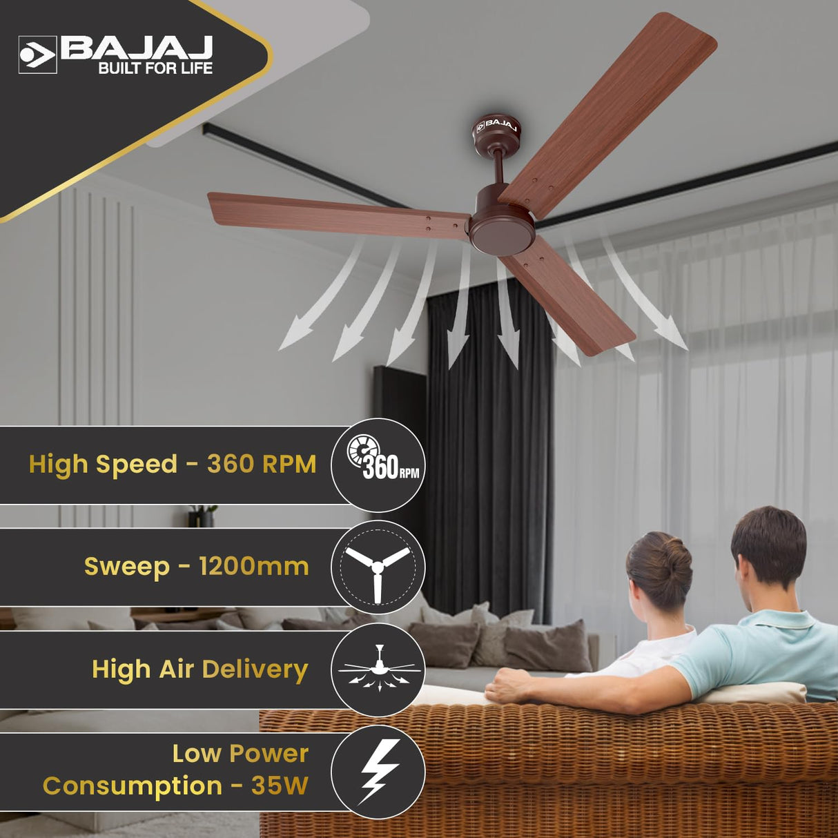Bajaj Classico Sleek Wood 1200mm BLDC Ceiling Fans with Remote ?Walnut Wood?