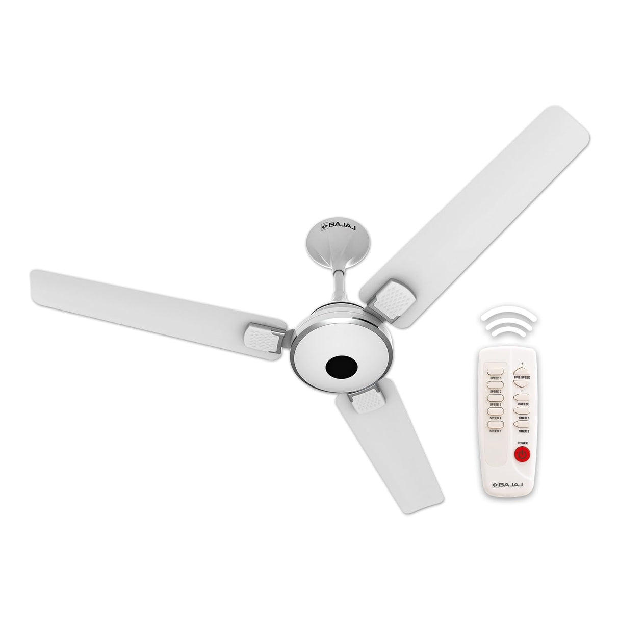 A white chrome Bajaj Ethora Plus 1200mm high-speed BLDC ceiling fan with a remote control.