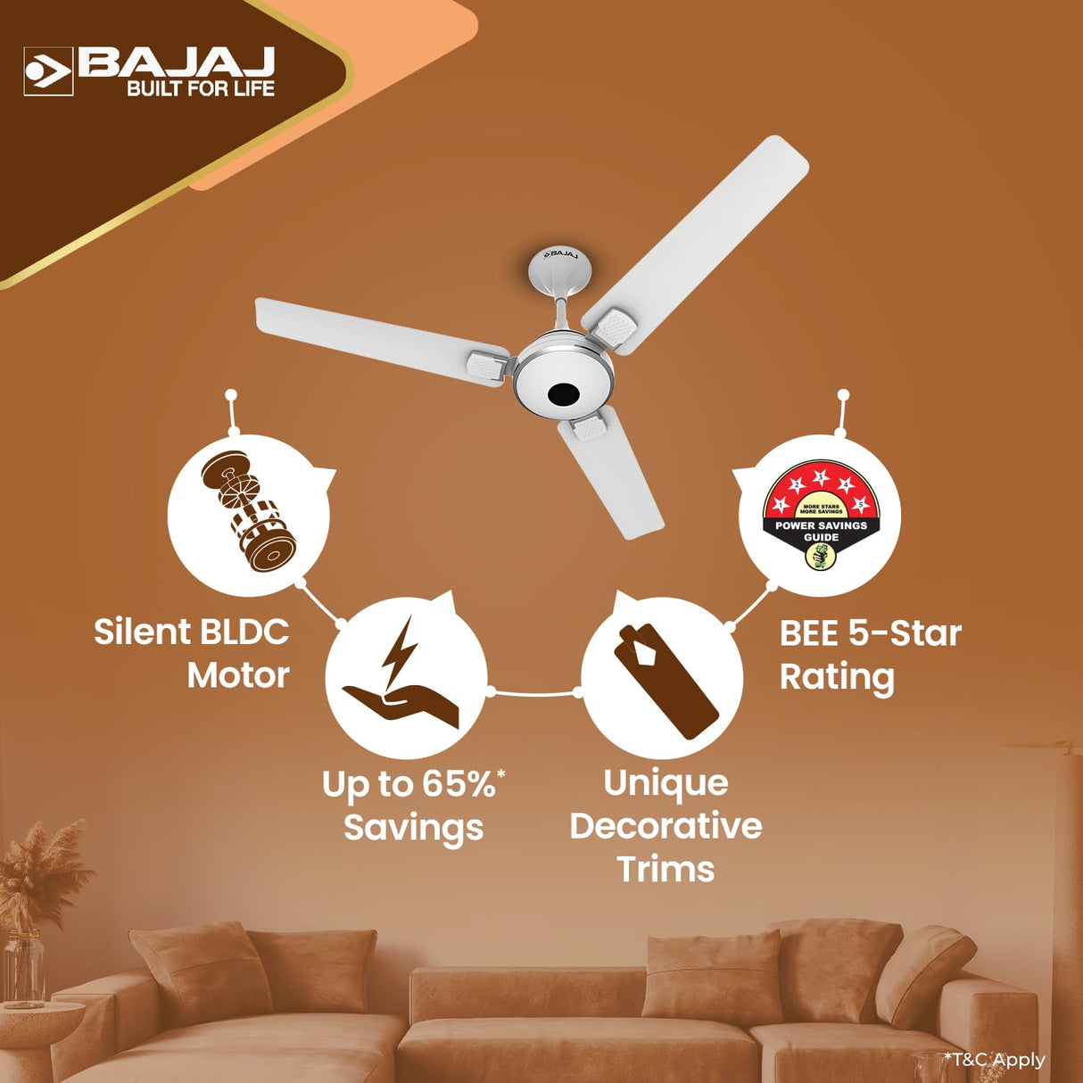 Ceiling fan with features highlighted on a brown background, featuring Bajaj brand.