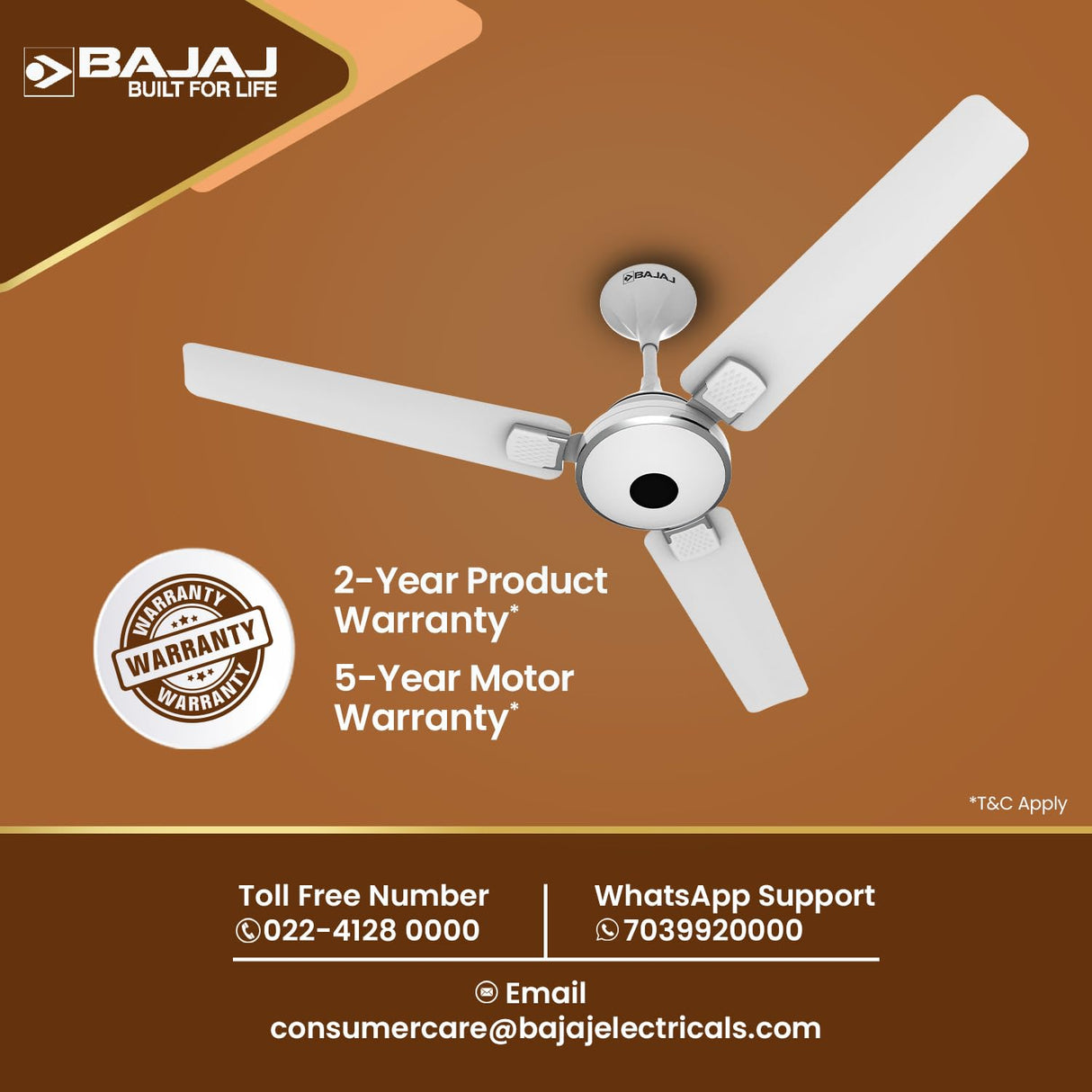 Bajaj ceiling fan with warranty information on a brown background