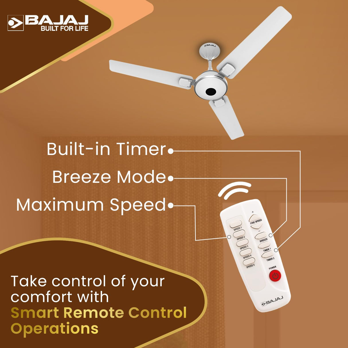 Ceiling fan with remote control on a brown background, featuring Bajaj brand.