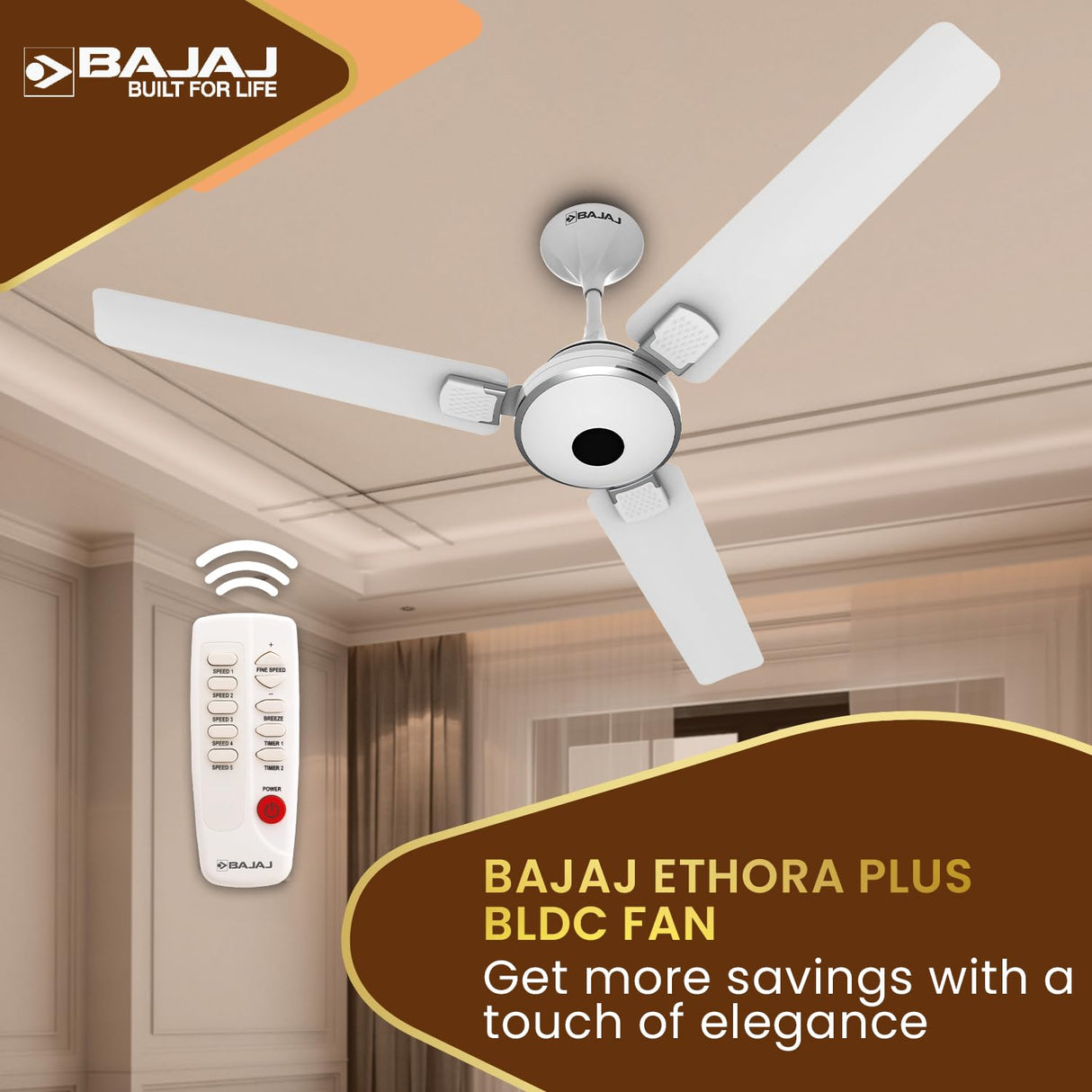 Bajaj ceiling fan with remote control in a room setting, featuring the Bajaj logo.