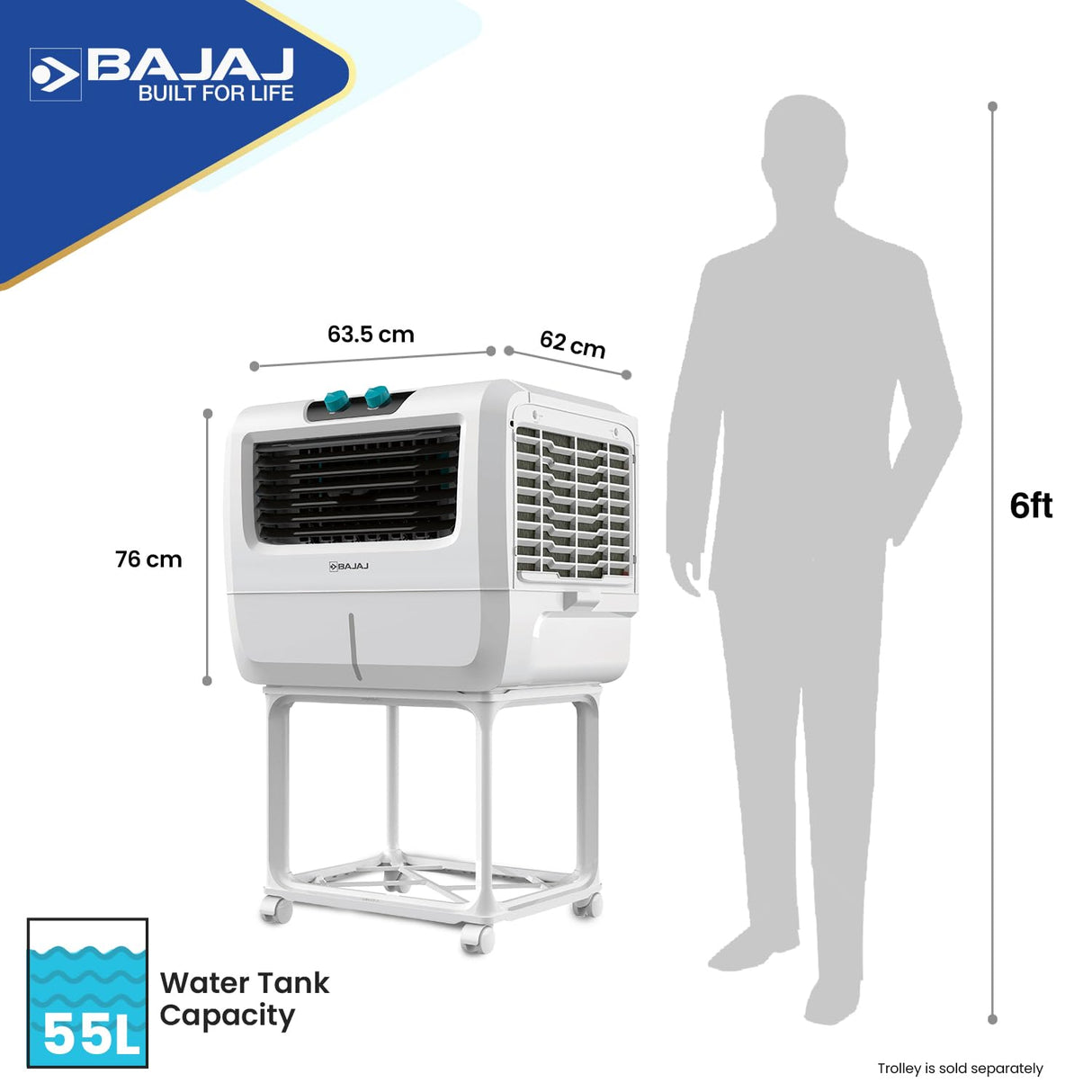 Bajaj Shield Series Solair 55 Litre Window Air Cooler with Trolley 【White】