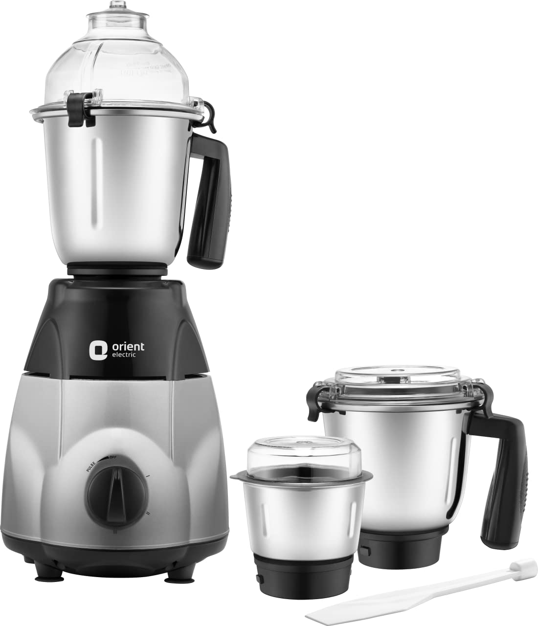 An Orient Electric 3 Jar Mixer Grinder in black and silver color, showing the grinder and a blending pitcher separately.