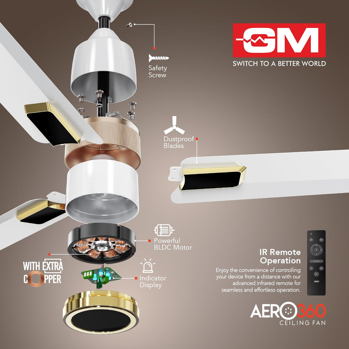 GM Aero 360 1200 mm BLDC Ceiling Fan (White Gold)