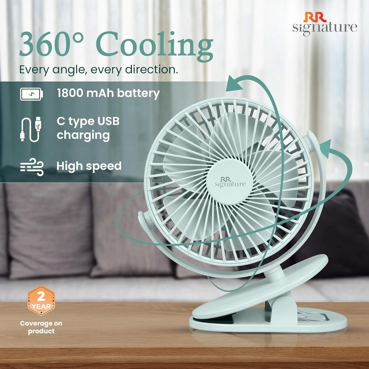 Portable fan with 360-degree cooling on a wooden surface, featuring RR Signature branding.