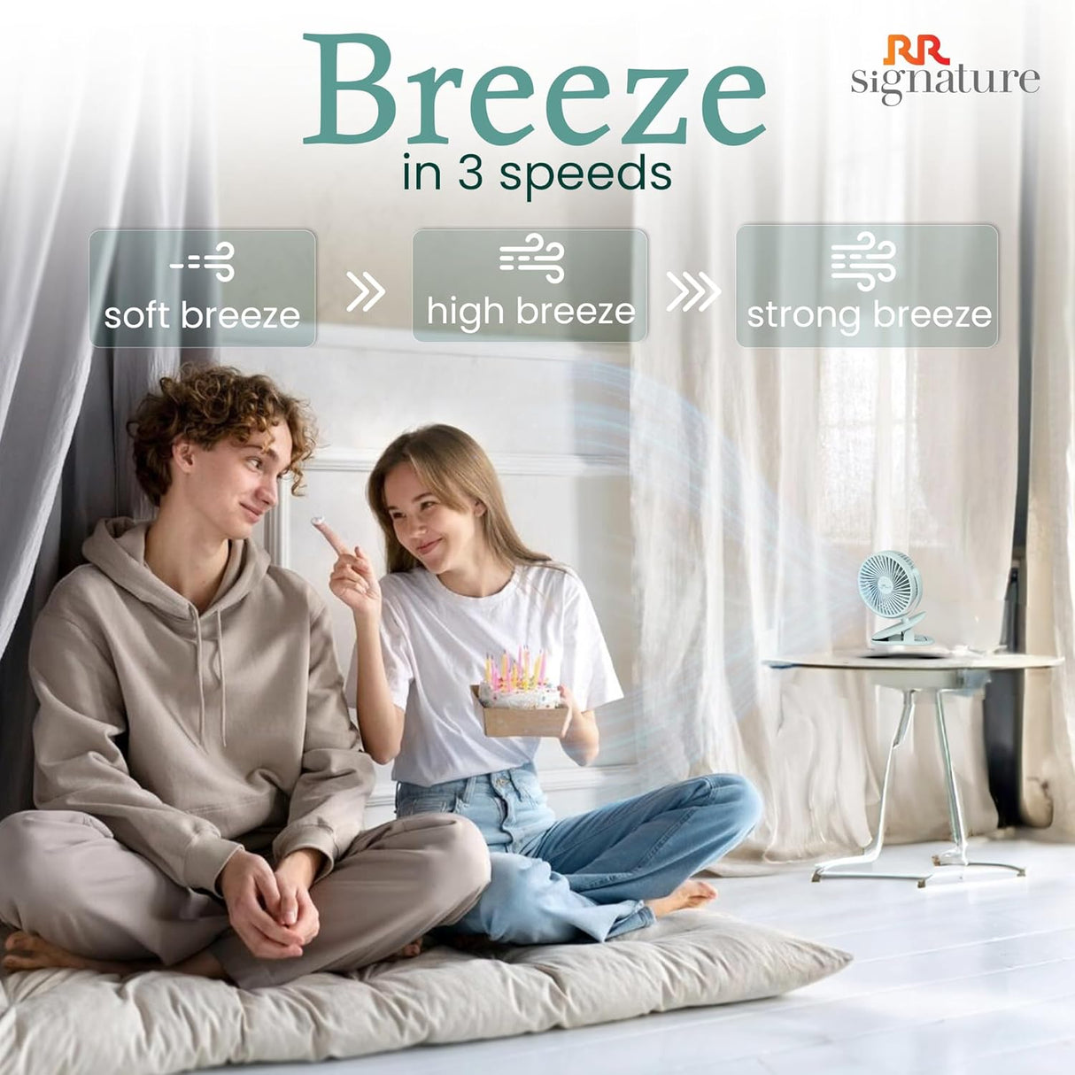 Two people sitting on a bed with a fan and text about breeze speeds in a room.