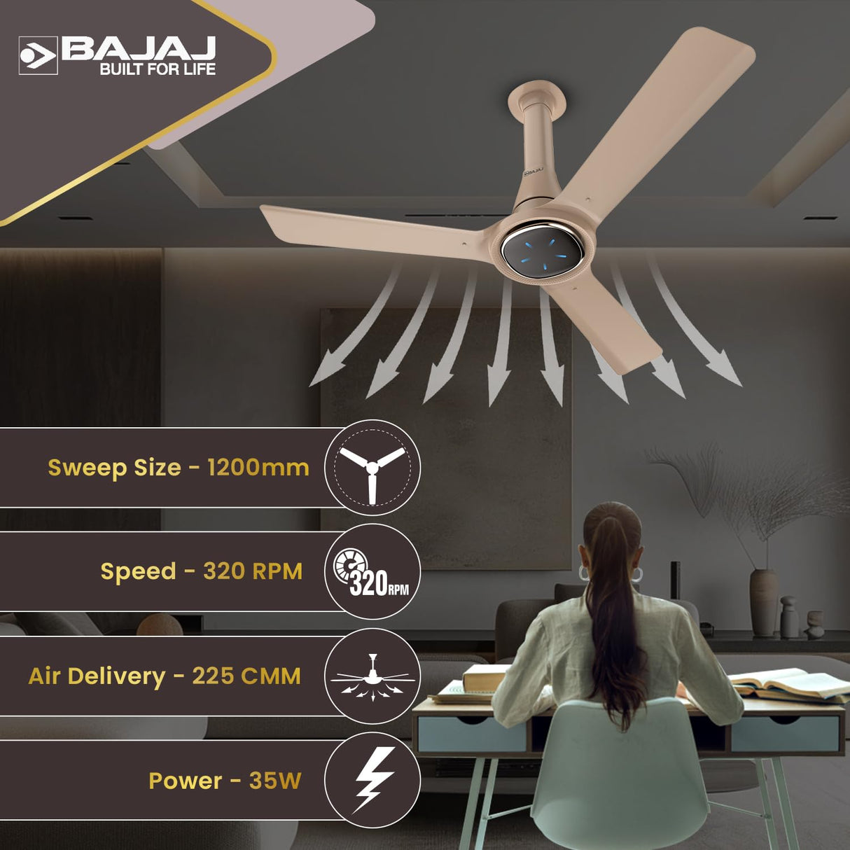 Bajaj Eurostos 1200mm 5 Star Rated BLDC Ceiling Fan (Bronze Mist)