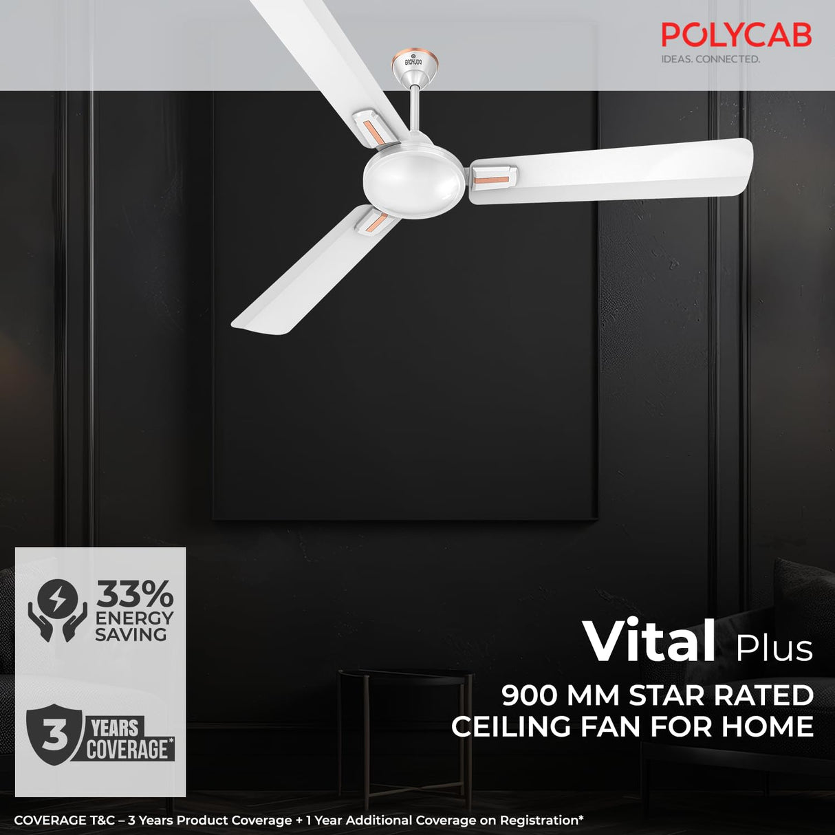 Polycab Vital Plus 900mm 1-Star Ceiling Fan (Satin White)