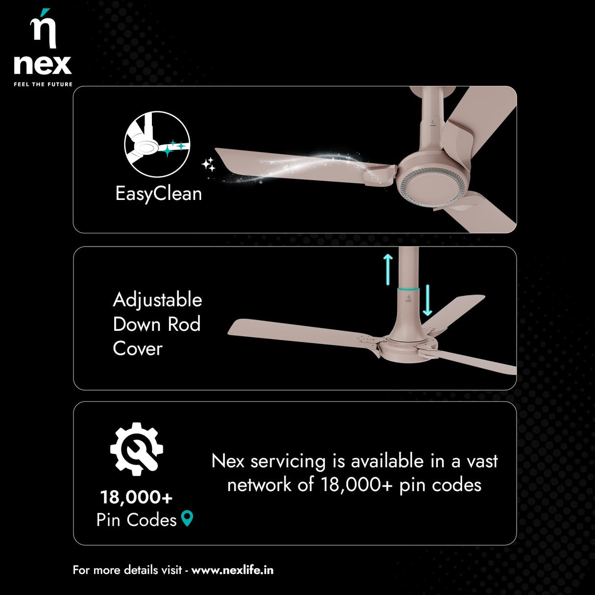 Ceiling fan with features highlighted on a black background, including 'EasyClean', 'Adjustable Down Rod Cover', and 'Nex' branding.