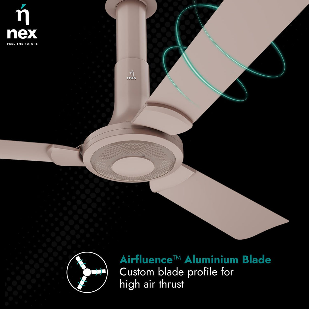 Ceiling fan with 'nex' branding and 'Airfluence Aluminum Blade' feature highlighted on a dark background.