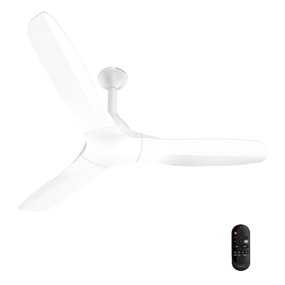 A modern three-blade ceiling fan in matte white with a matching remote control, shown against a solid white background.