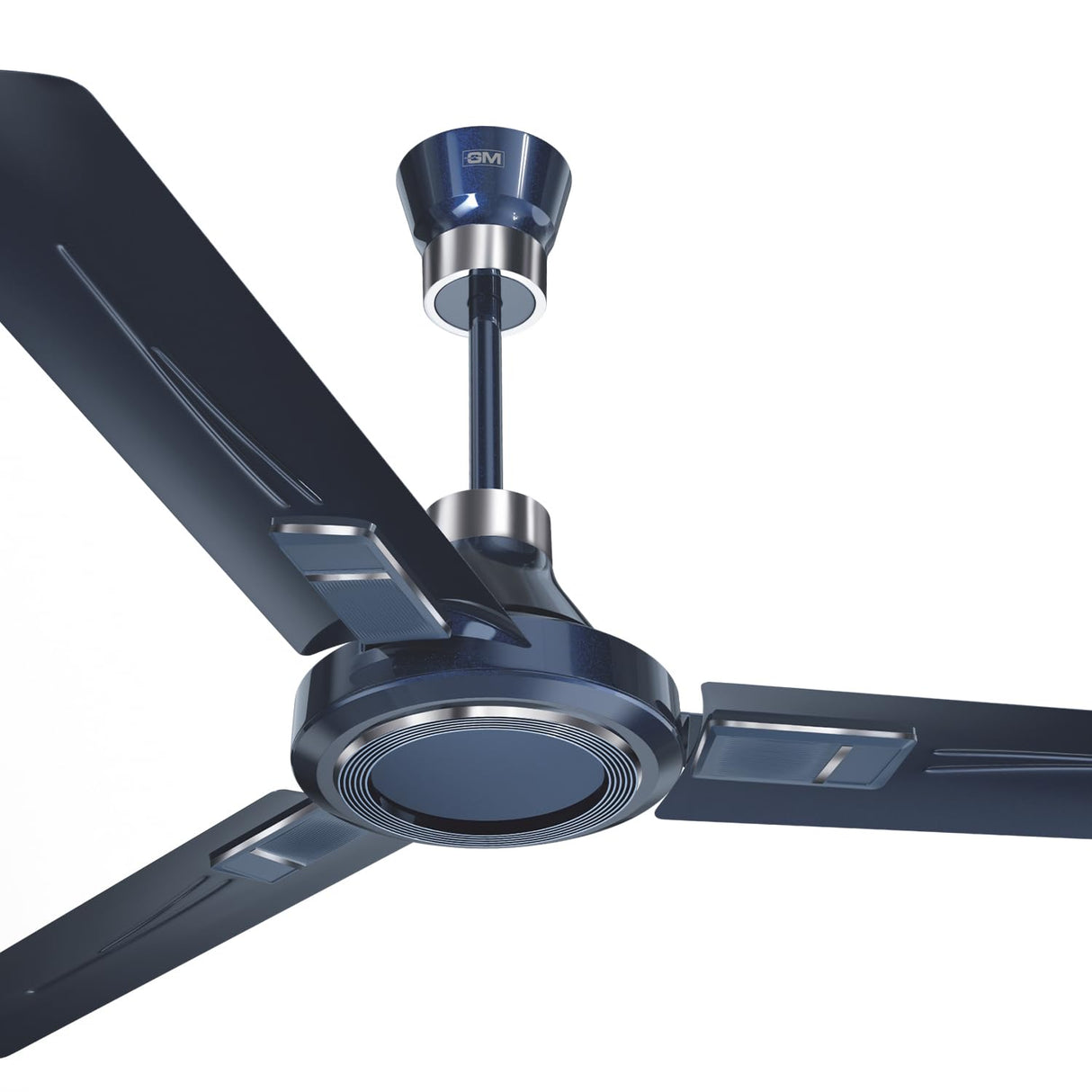 Ceiling fan with metallic finish on a white background