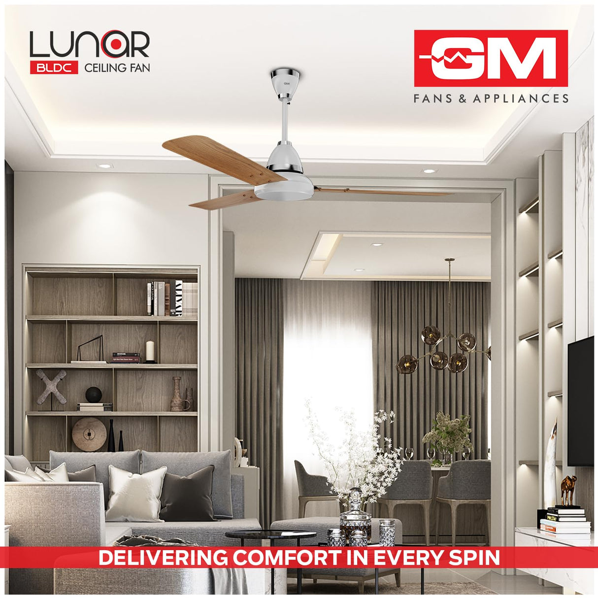 Modern living room with a ceiling fan, featuring Lunar and GM brands.