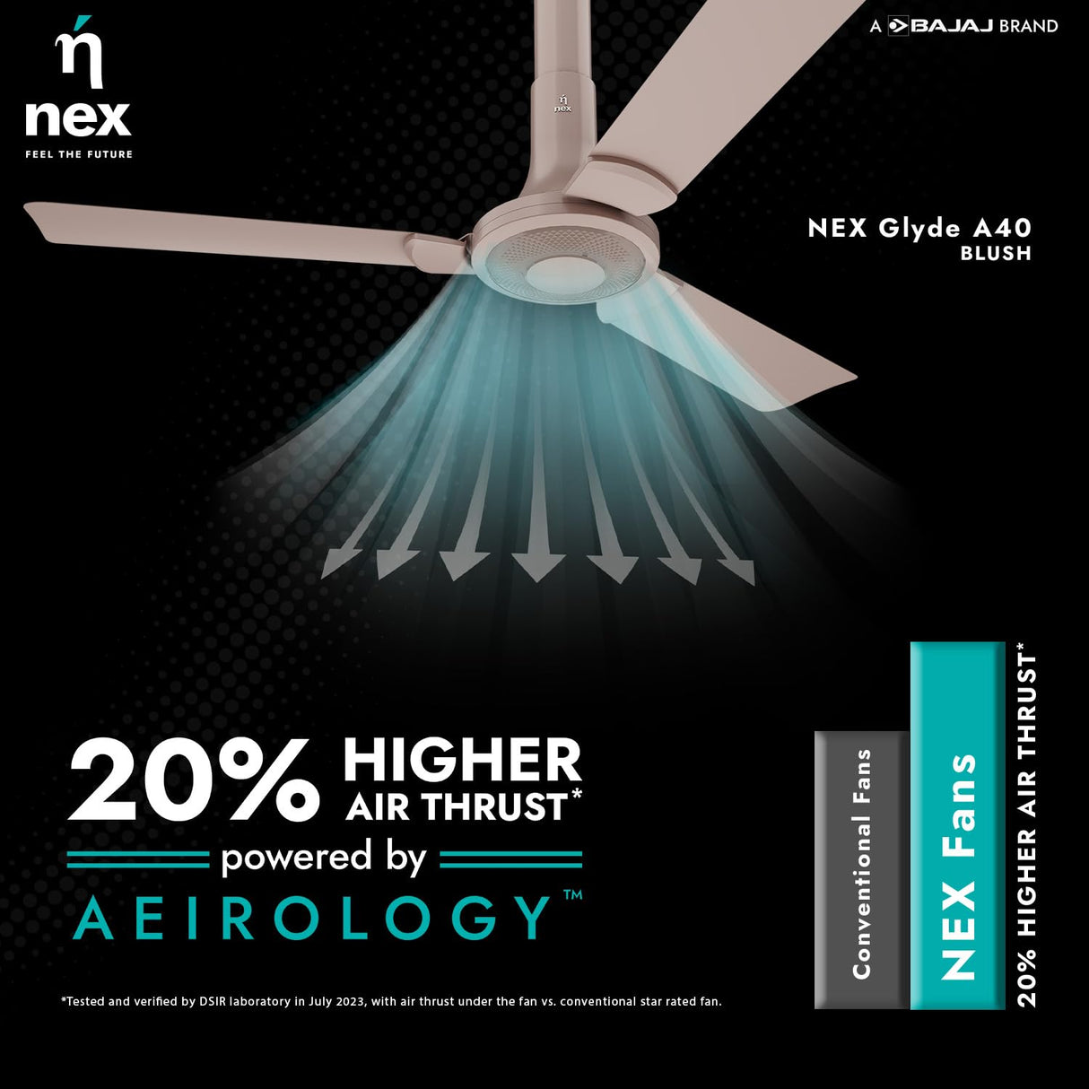 Nex Glyde A40 Blush ceiling fan with air thrust illustration on a black background