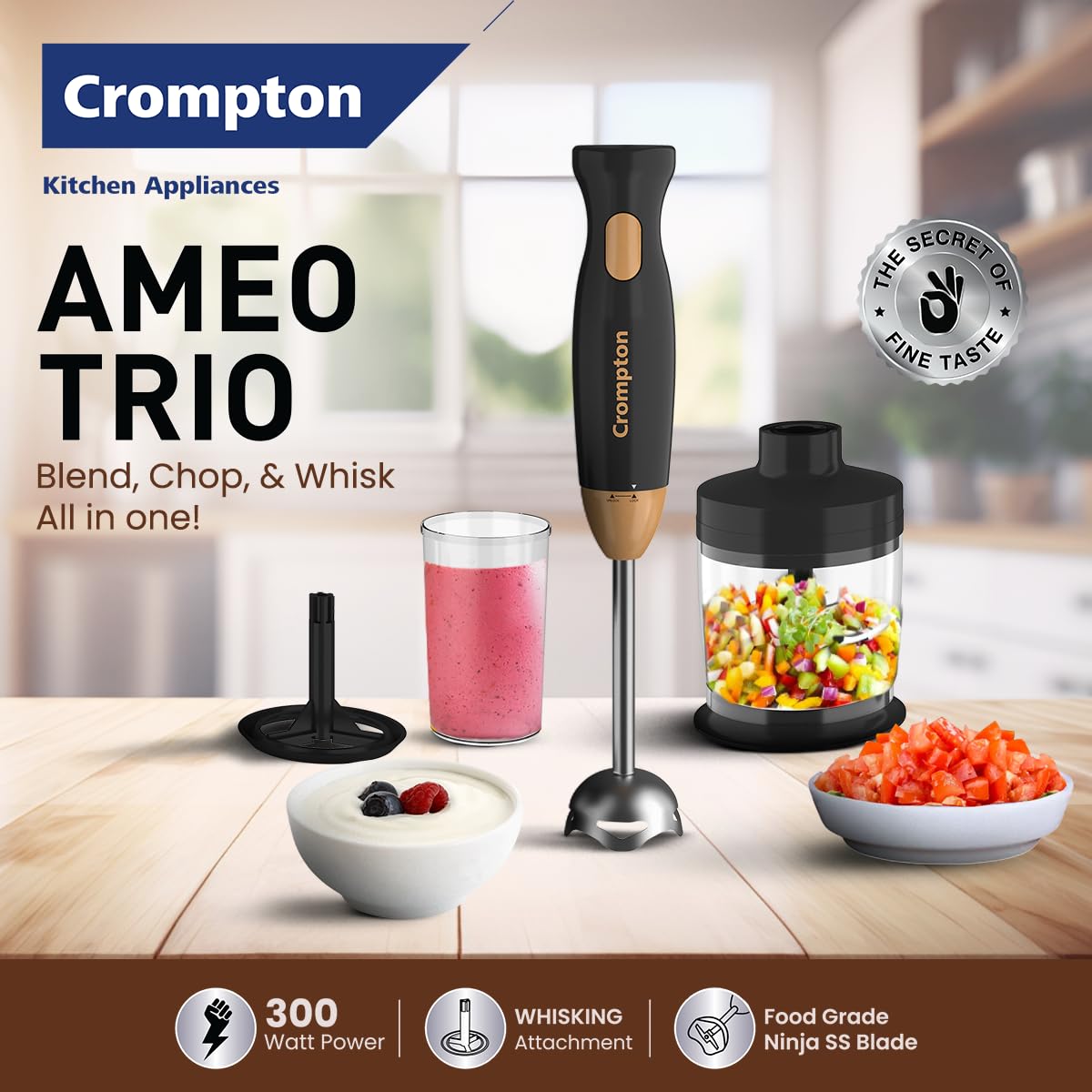 Crompton AMEO TRIO Hand blender+ Chopper+ whisker 300Watts (Black & Golden)