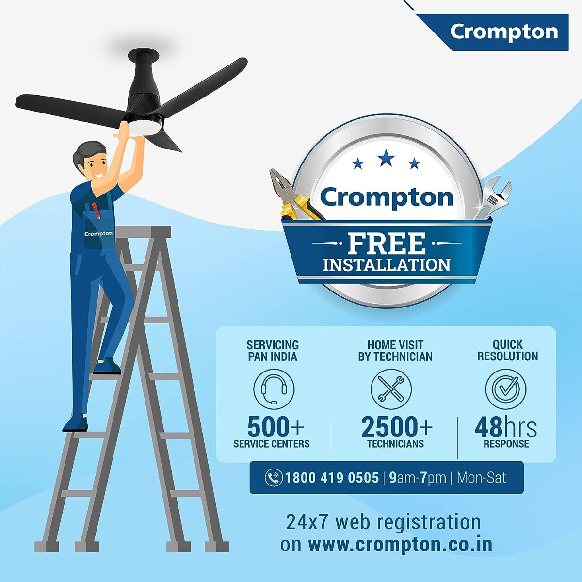 A crompton ceiling fan with service pan India , Home Visit by technician and Quick Resolution