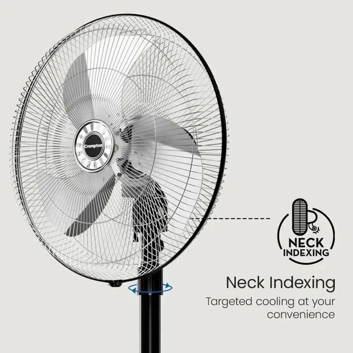 Fan with neck indexing feature on a white background