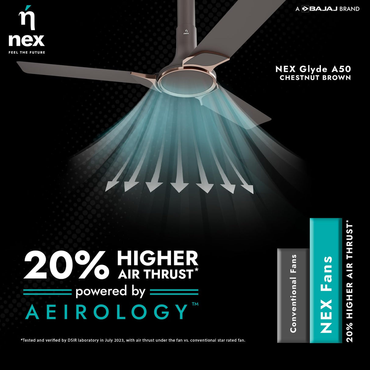 Nex ceiling fan with air thrust illustration on a black background