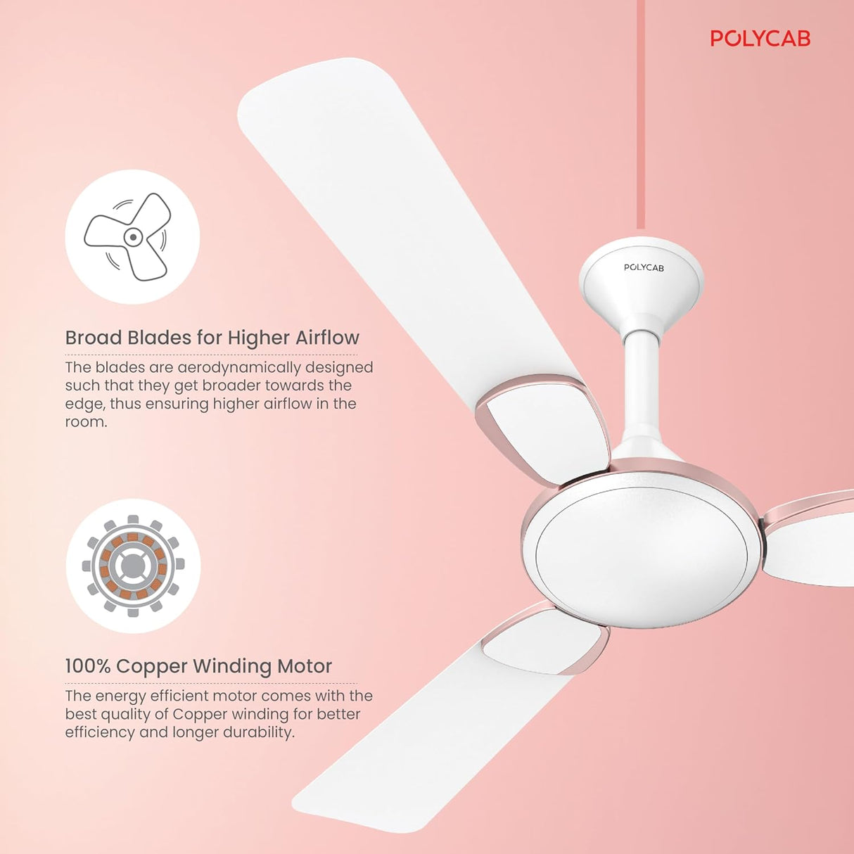 Ceiling fan with POLYCARB branding on a pink background