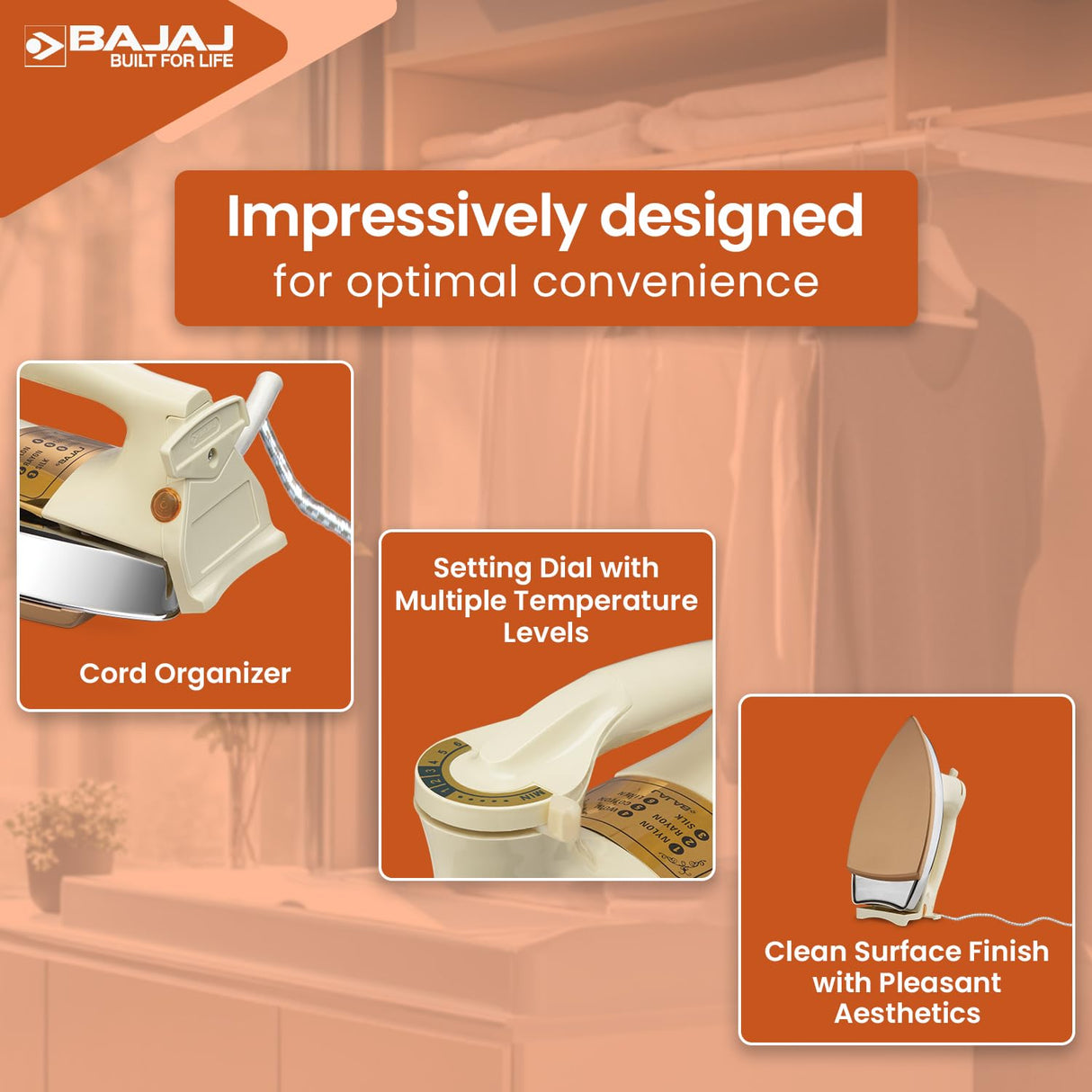 Advertisement for Bajaj iron with features highlighted on an orange background