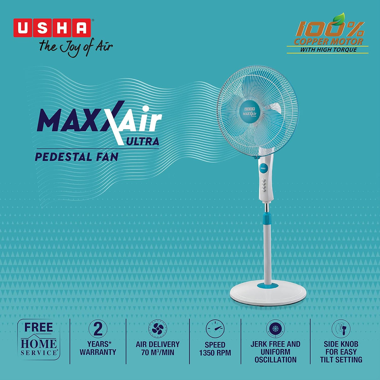 Usha Maxx Air Ultra 400mm Pedestal Fan (Light Blue)