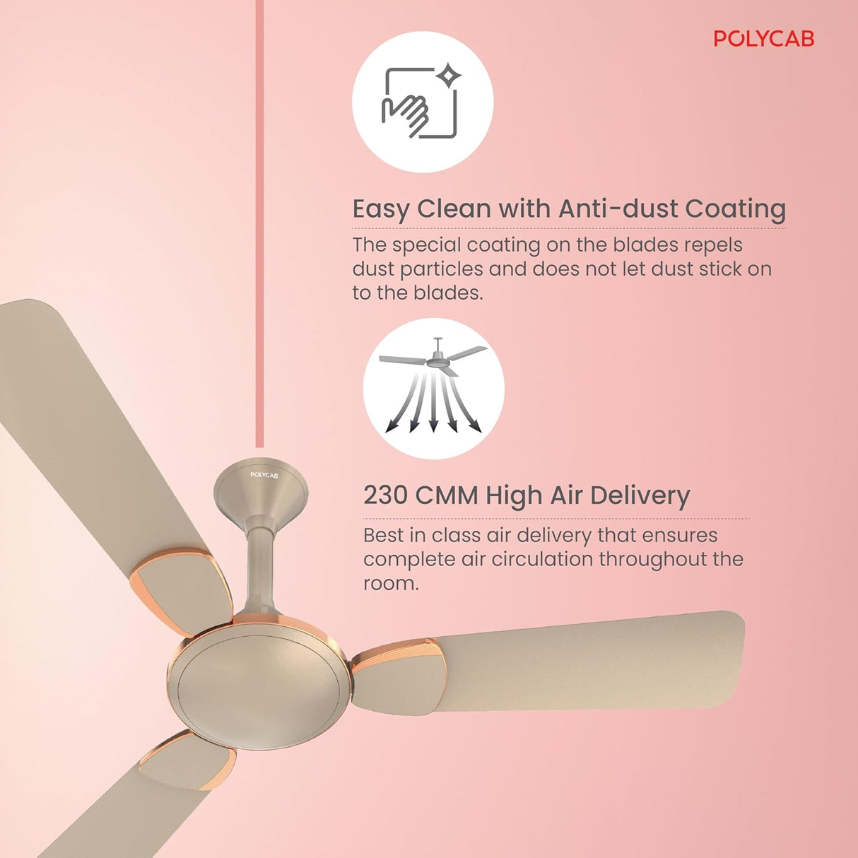 Ceiling fan with anti-dust coating and high air delivery features on a pink background